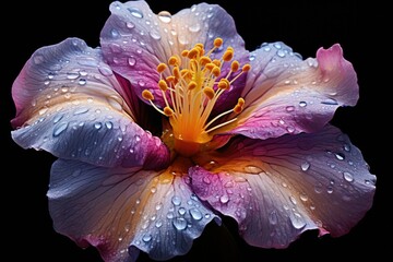 Vibrant pink hibiscus flower with water droplets on petals against a dark background.