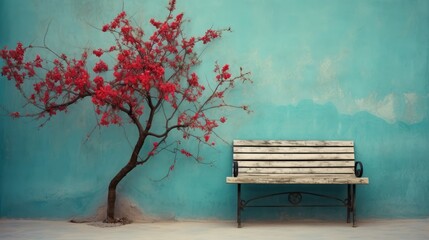 Fototapeta na wymiar Vintage bench and tree near a blank turquoise wall
