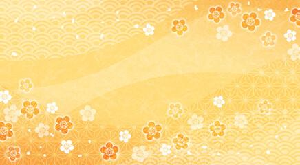 シンプルな和風の梅の花の背景、黄色 - obrazy, fototapety, plakaty