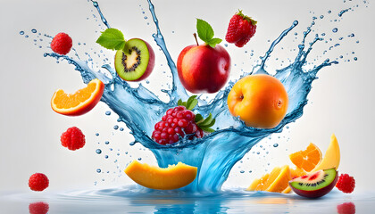 Wonderful cinematic screen image of flying and floating healthy fresh fruits on colored mixture of juices on white background