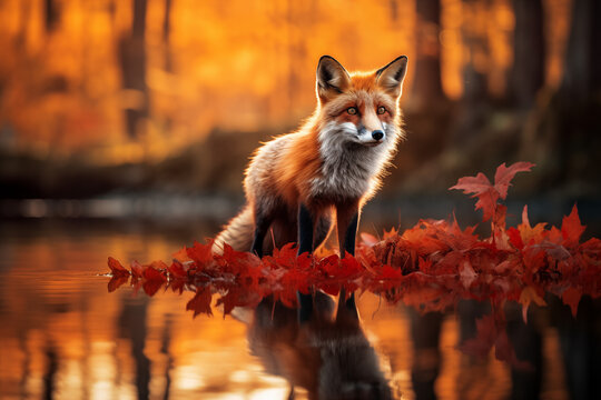 Fuchs im Wald  am  Wasser, Spiegelung des Fuchses im Wasser