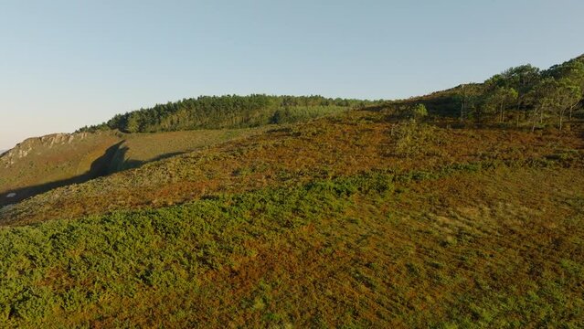 Drone footage of a grassy sand coastal dunes on the Laxe Beach at sunset in A Coruna, Galicia, Spain
