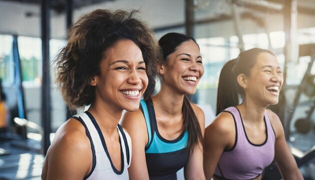  Candid photo of a group of women laughing after a gym workout