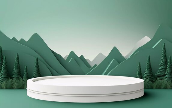 vector illustration White cylindrical podium in green nature mountain landscape
