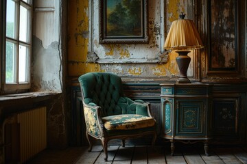 Vintage interior with a classic armchair, old lamp, and painting in a room with peeling yellow walls and a rustic ambiance.