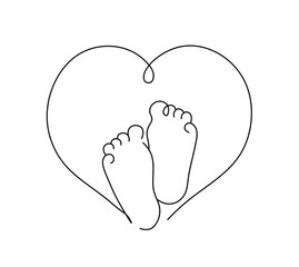 Vector isolated two pair baby foots inside heart one single contemporary line art colorless black and white contour line easy drawing