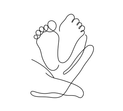 Vector isolated two pair baby foots in hand one single contemporary line art colorless black and white contour line easy drawing