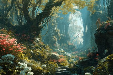 Enchanted dream gardens, blooming with fantastical flora and magical creatures - Generative AI - obrazy, fototapety, plakaty