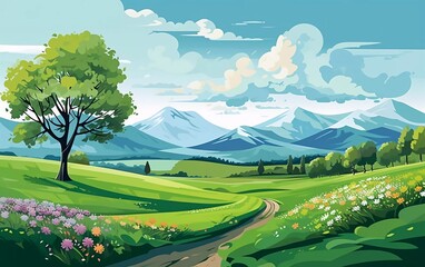 vector illustration Spring landscape with trees, mountains very beautiful