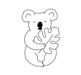 Vector isolated cute cartoon koala bear with monster  leaf colorless black and white contour line easy drawing