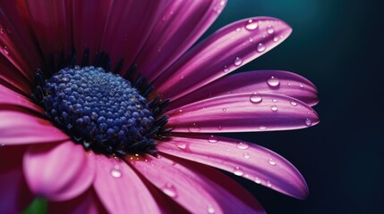 Close-up of a pink daisy with water droplets on petals against a dark background.