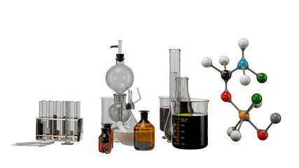 Chemical laboratory equipment with glass stills and beakers for mixing chemicals, science, study and teaching, 3d illustration, 3d rendering