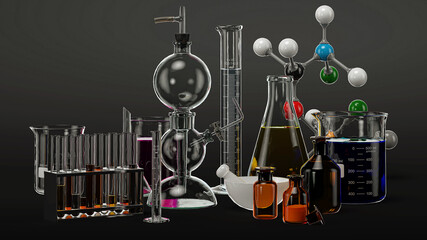 Chemical laboratory equipment with glass stills and beakers for mixing chemicals, science, study and teaching, 3d illustration, 3d rendering