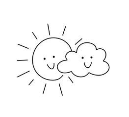 Vector isolated cloud and sun, sun behind cloud, smilikng, kid's drawing colorless black and white contour line easy drawing