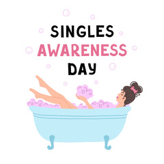 Happy Singles Awareness Day. girl bathes in a bath with foam. Vector Illustration for backgrounds and packaging. Image can be used for greeting card, poster and sticker. Isolated on white background.