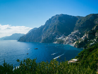 Positano below the mountains of Amalfi coastline