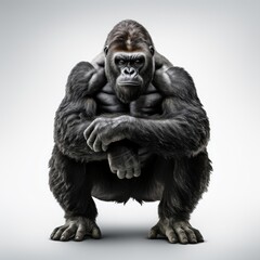 Fototapeta na wymiar Portrait of a powerful gorilla sitting against a grey background, displaying strength and wildlife.