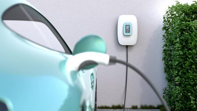 Charging an electric vehicle at home with a wallbox. Focus on the plug in the car moving to the wallbox displaying status information. Selective focus.