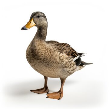 A single mallard duck standing against a white background.