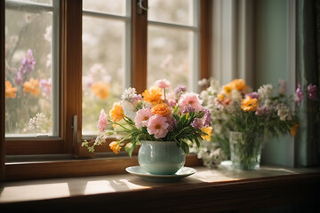 Obraz na płótnie Canvas Beautiful morning with spring flowers, window, flowers 