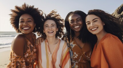 Obraz premium Cultural Diversity, Group of young women of diverse ethnicities in front of a beach, showcasing cultural diversity