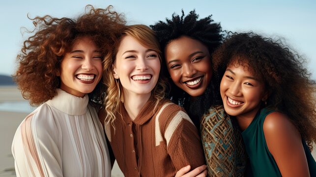 Cultural Diversity, Group Of Young Women Of Diverse Ethnicities In Front Of A Beach, Showcasing Cultural Diversity