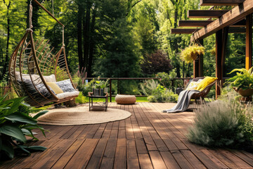 Beautiful wooden terrace with garden furniture and swing surrounded by greenery on a warm, summer day with warm sun light