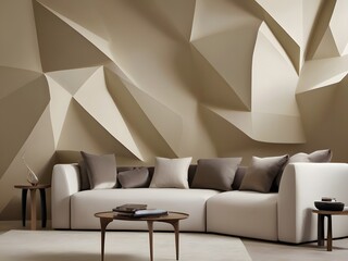 Elegant Modern Living Room with Stylish Sofa and Geometric Wall Design