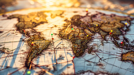 Close-up of a red map pin on a vintage world map, representing a travel destination with a nostalgic touch.
