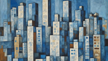 Skyscrapers, cityscape, cubism oil painting