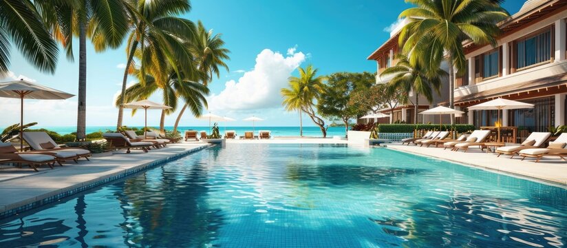 Fototapeta Vacation paradise: Stunning beachfront resort with pool, sunbeds, and palm trees on a warm, sunny day.