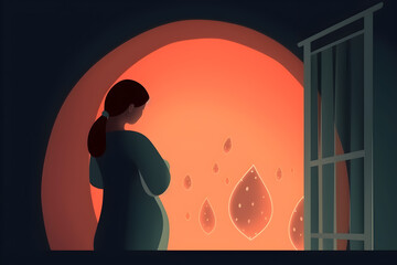 Pregnant woman, future mom, standing in nature and hugging belly with arms. Flat illustration