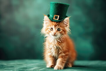Cute little kitty wearing a leprechaun hat. Saint Patrick's Day theme concept. Cat and St. Patricks day with green background, Irish holiday.
