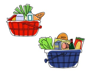 hand drawn cartoon illustration of basket full of fruits, food and vegetables