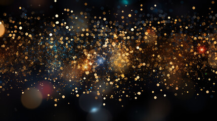 Obraz premium Particules scintillantes et brillantes volant sur fond sombre, noir. Lumière, paillettes dorées et flou. Fond pour bannière, conception et création graphique.