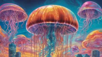 Surreal cityscape with huge colorful jellyfish in the sky.