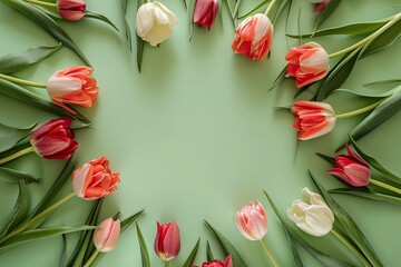 Holiday spring background. Frame of colorful tulip flowers arranged on light green background. Greeting card with copy space for Valentine's Day, Woman's Day and Mother's Day. Top view.
