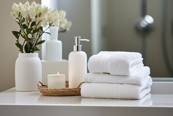 Close-up of spa products arranged on a white table in a bathroom, creating an inviting atmosphere for beauty treatment.