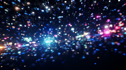 Fototapeta premium Particules scintillantes et brillantes volant sur fond sombre, noir. Lumière, paillettes bleues et flou. Fond pour bannière, conception et création graphique.