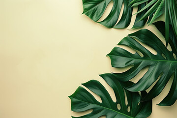 Fototapeta na wymiar Monstera leaves summer minimal background with a space for a text, flat lay, view from above