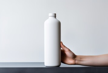 A mockup featuring a woman's hand holding a cosmetic beauty product container with a blank white plastic surface, ready for branding or product presentation.
