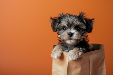 Funny cute black Maltese puppy dog with paper bags on peach fuzz wall or paper background. Pet for shopping advertising concept - obrazy, fototapety, plakaty