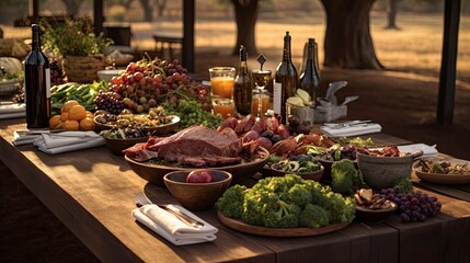 Farm-to-Table Cuisine, A rustic farm-to-table setting with fresh, organic produce and a beautifully prepared meal