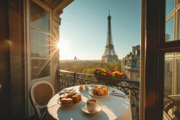 Breakfast table with coffee, croissants on balcony with view on Eiffel Tower in Paris, France. Romantic table set for couples