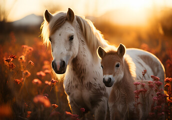 pony feeding her foal on a field in spring - obrazy, fototapety, plakaty