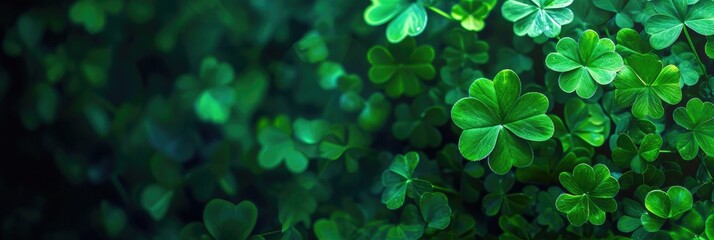 St. Patrick's Day abstract green background decorated with shamrock leaves. Patrick Day pub party celebrating. Abstract Border art design magic backdrop. Widescreen clovers with copy space poster.