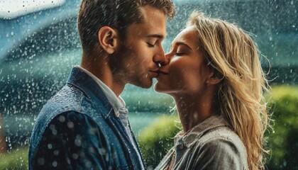  Couple sharing passionate kiss in rain, showcasing deep emotional connection
