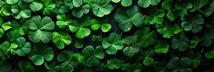 St. Patrick's Day abstract green background decorated with shamrock leaves. Patrick Day pub party celebrating. Abstract Border art design magic backdrop. Widescreen clovers with copy space poster. - obrazy, fototapety, plakaty