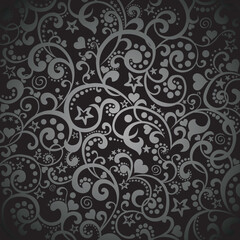 Celebration vintage background with stars, heart. Elegant black background illustration with vintage  texture. Pattern of curlicues and floral elements on the black background vector illustration