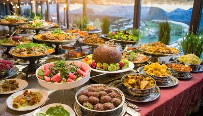 People group catering buffet food indoor in restaurant with meat colorful fruits and vegetables